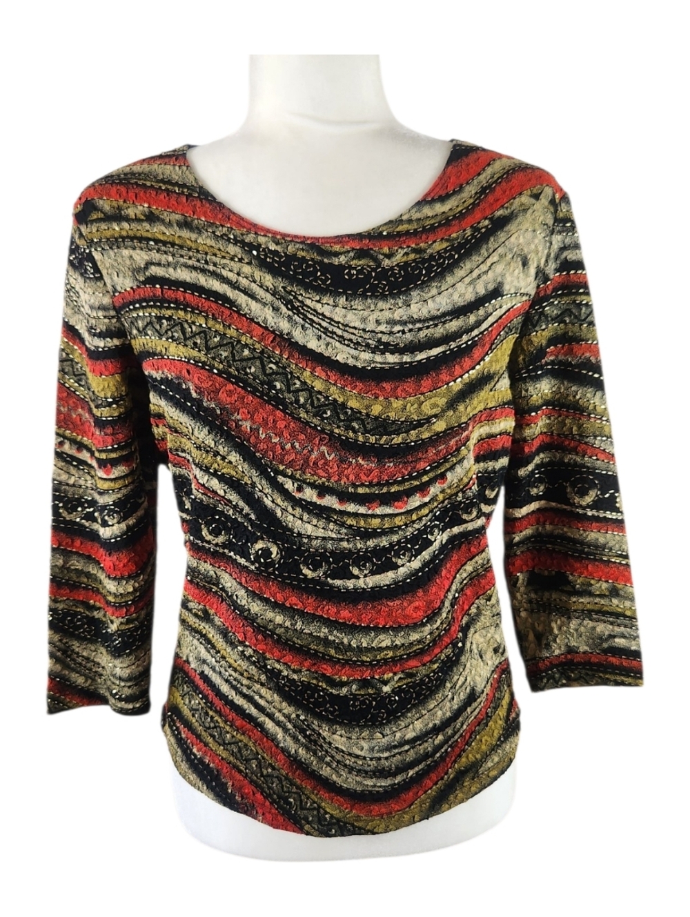 Y2K Vtg Brittany Black Artsy Swirl Stretch Top Medium Gold Red Maximalist